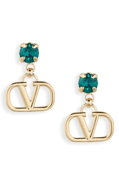 Valentino Vlogo Pendant Stud Earrings In Oro 18/ Emerald