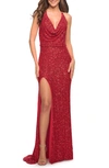La Femme Sequin Sleeveless Gown In Red