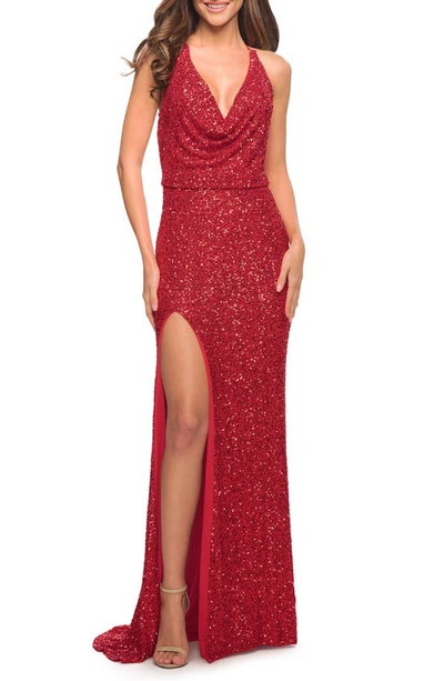 La Femme Sequin Sleeveless Gown In Red