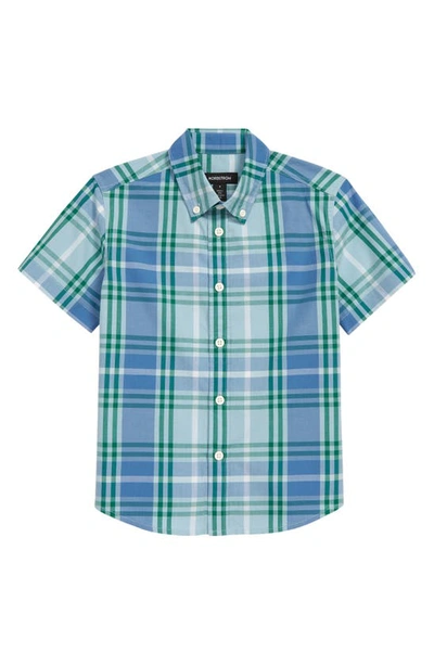 Nordstrom Kids' Tilden Print Short Sleeve Cotton Button-down Shirt In Blue Basalt Plaid