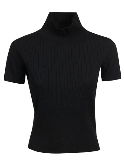 Pinko Ribbed-knit Short-sleeved Top In Black