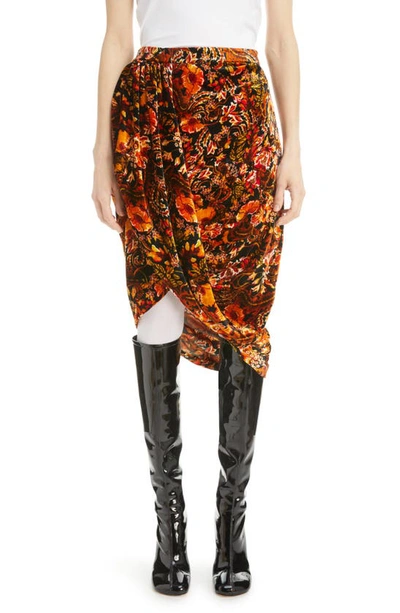 Dries Van Noten Wrap-effect Draped Printed Velvet Skirt In Orange
