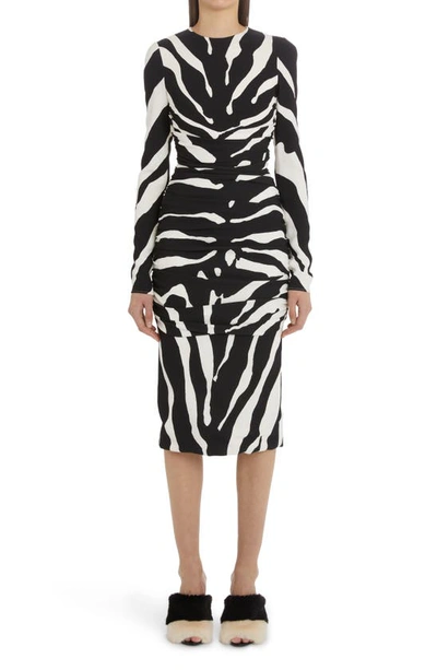 Dolce & Gabbana Zebra-print Ruched Cady Midi Dress In Monochrome