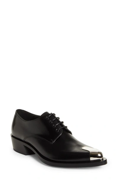 Alexander Mcqueen Men's Metallic-toe Leather Derby Shoes In Black Silver