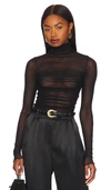Free People Under It All Ruched Mesh Turtleneck Bodysuit In Black