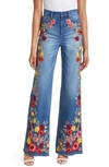 ALICE AND OLIVIA GORGEOUS EMBROIDERED WIDE LEG TROUSER JEANS