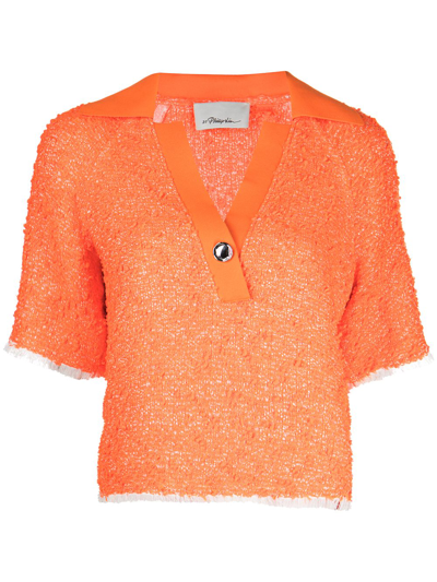 3.1 Phillip Lim Ribbed-collar Tweed Polo Top In Neon Orange Multi