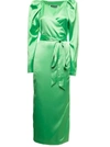 Rotate Birger Christensen Bridget Green Satin Long Dress With Belt Rotate Woman In Green