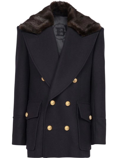 Balmain Faux Fur Collar Wool Blend Peacoat In Marine