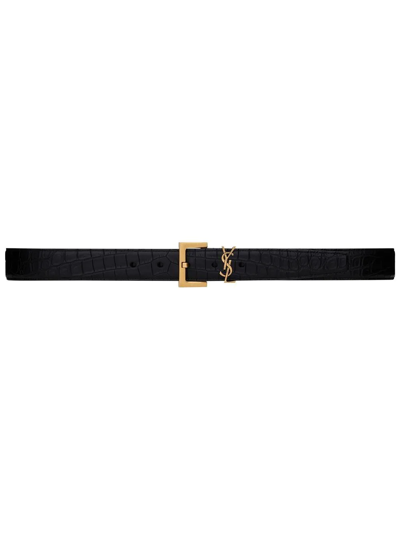 Saint Laurent Cassandre Belt In Hammered Leather With Square Buckle In Nero