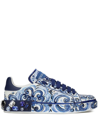 Dolce & Gabbana Majolica-print Calfskin Portofino Sneakers In Blue