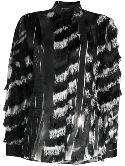 Alberta Ferretti Sheer Fringed Two-tone Blouse In Black