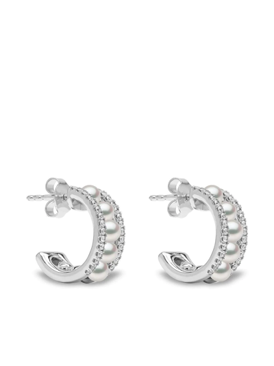 Yoko London 18kt White Gold Eclipse Akoya Pearl And Diamond Hoop Earrings In Silber