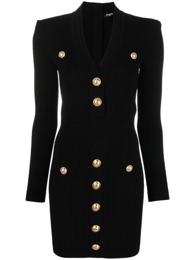 Balmain Short Knitted Dress With Gold Buttons In Black