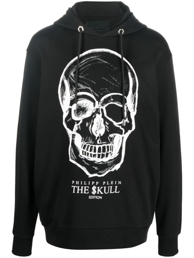 Philipp Plein Man Black Hoodie With Printed Skull In Schwarz