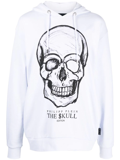 Philipp Plein Man White Hoodie With Printed Skull