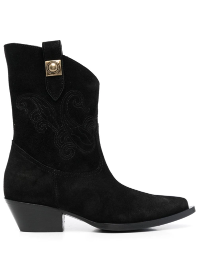 Etro Embroidered-detail Cowboy Ankle Boots In Nero