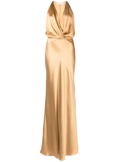 Michelle Mason Draped Halterneck Gown In Gold