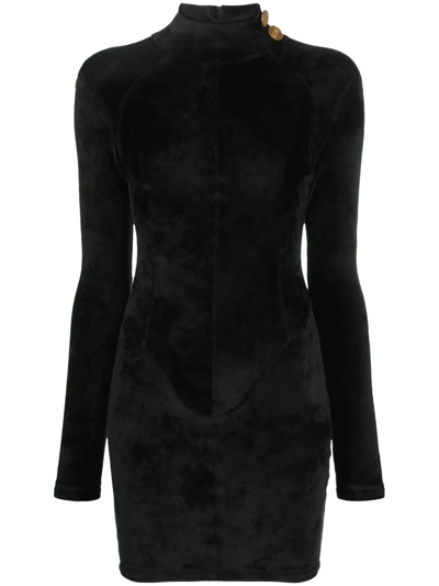 Gcds Long-sleeved Velvet Mini Dress In Black