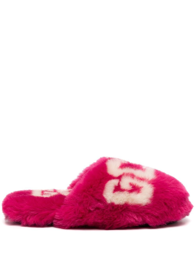 Gcds Logo-print Faux-fur Slippers In Pink