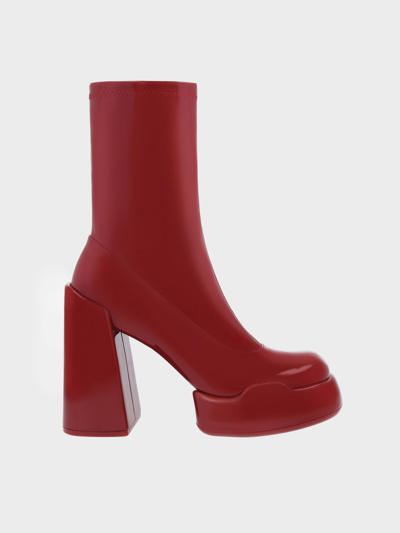 Charles & Keith - Women's Lula Patent Block Heel Boots, Red, US 5