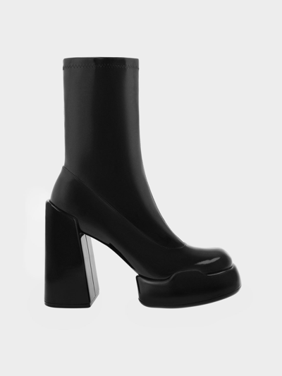 Charles & Keith Lula Patent Block Heel Boots In Black