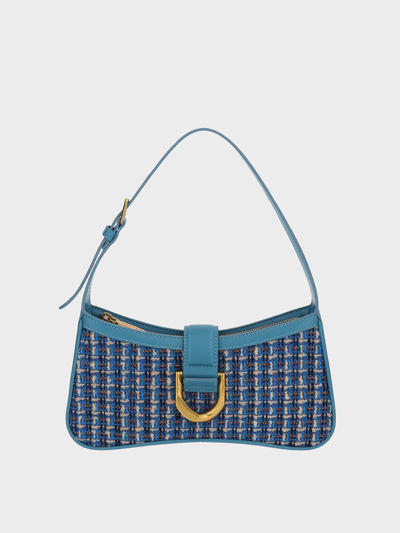 Charles & Keith Gabine Tweed Curved Shoulder Bag In Navy