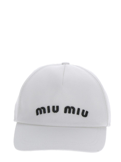 Miu Miu Logo Cotton Drill Baseball Cap In Bianco+nero