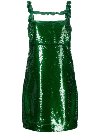 Ganni Twisted Sequined Satin Mini Dress In Green
