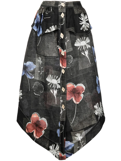 Ganni Asymmetric Floral Linen-silk Midi Skirt In Black