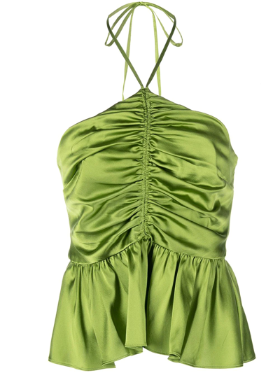 Cinq À Sept Colby Peplum Stretch Silk Halter Neck Tank In Green