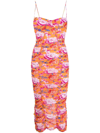 Magda Butrym Ruched Floral-print Stretch-mesh Midi Dress In Orange