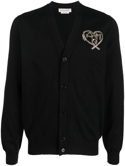Alexander Mcqueen Heart-embroidered Wool Cardigan In Black