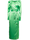 Rotate Birger Christensen Bridget Green Satin Long Dress With Belt Rotate Woman In Green