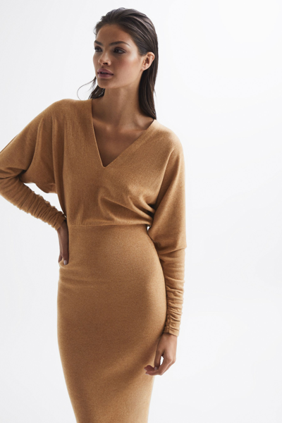 reiss jenna ruched sleeve knit bodycon dress Reiss Jenna Ruched Sleeve Knit Bodycon Dress In Camel