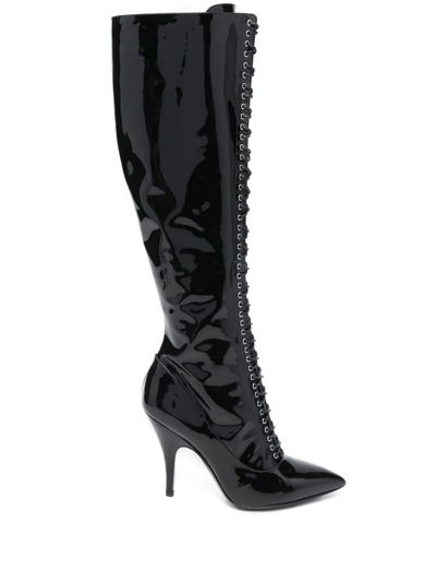 Moschino Faux Lace-up Pointed Boots In Schwarz