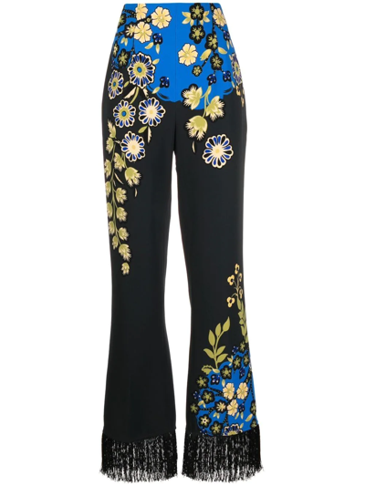 Etro Floral-print Fringed Tailored Trousers In Black