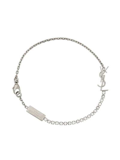 Saint Laurent Ysl-plaque Crystal-embellished Bracelet In Palladium Crystal