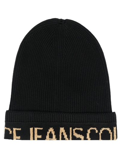 Versace Jeans Couture Ribbed-knit Wool-blend Beanie In Black