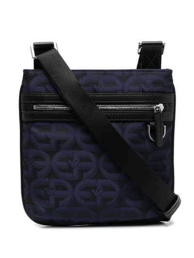 Emporio Armani Monogram-print Flat Woven Cross-body Bag In Blu/nero