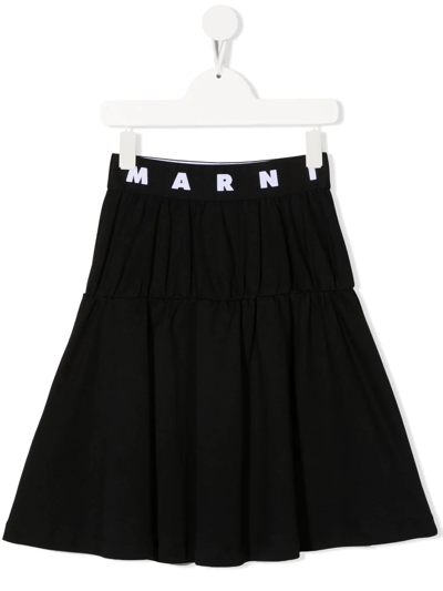 Marni Kids' Black Skirt With Maxi Flounce And Logoed Elastic Waist