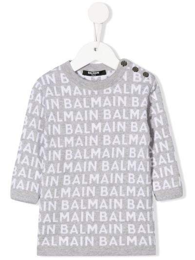 Balmain Babies' All-over Logo-print Knit Dress In 灰色