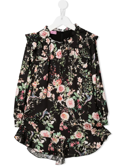 Miss Blumarine Floral-print Ruffle-trim Dress In 黑色