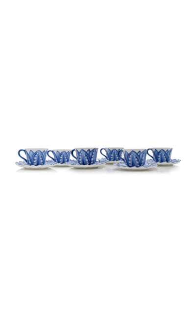 Moda Domus Set-of-six Lily Of The Valley Ceramic Breakfast Cup And Saucer In Green,blue