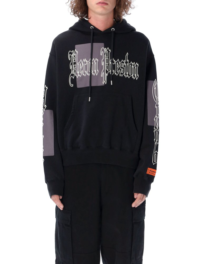 Heron Preston Black Color Blocks Hoodie In Jersey With Allover Gothic Logo Print And Patch Man