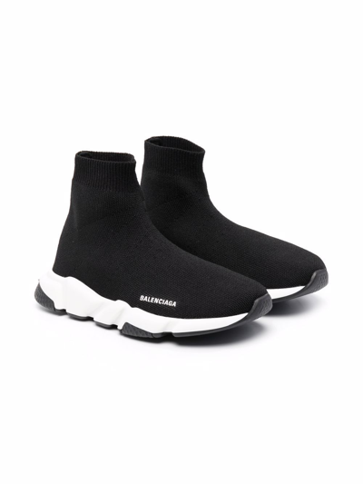 Balenciaga Kids' Speed Knit Slip-on Sneakers In Black White
