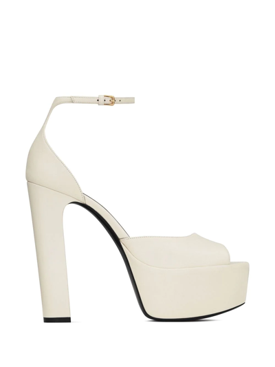 Saint Laurent Jodie 95 Leather Platform Sandals In Pearl