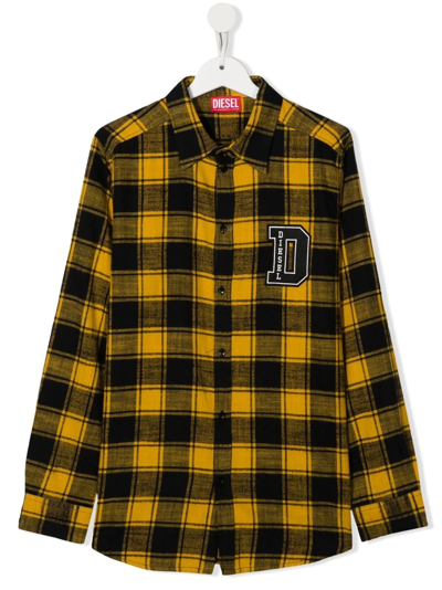 Diesel Teen Checked Logo-patch Shirt In Black