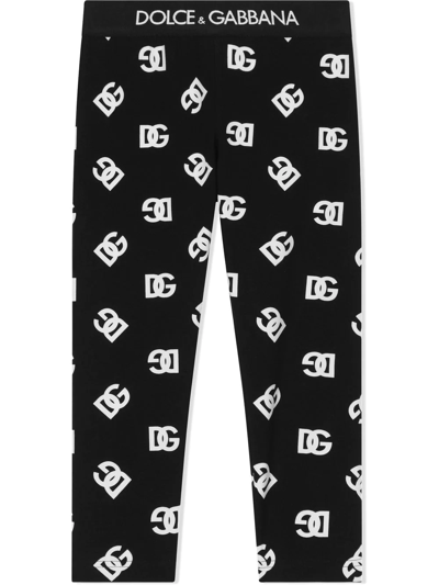 Dolce & Gabbana Kids' Interlock Leggings With Dg Logo Print In Multicolor