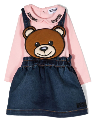 Moschino Babies' Toy-bear Print Pinafore Dress Set In Blue